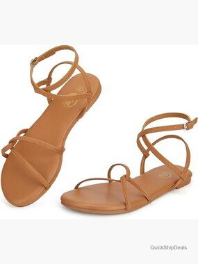 Strappy Cross Lace Up Ankle Strap Flat Sandals, Lightweight Vegan Leather